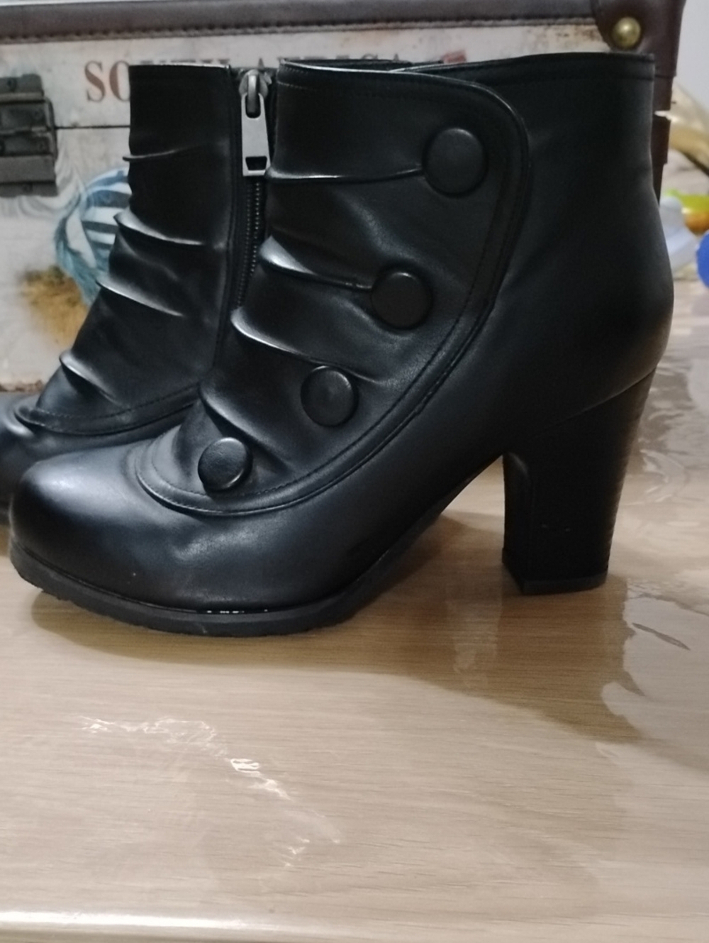 Classic Black Button-Detail Ankle Heeled Boots